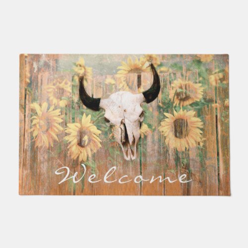 Rustic Sunflowers Welcome Cow Skull Western Doormat