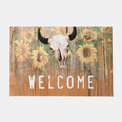 Rustic Sunflowers Western Cow Skull Welcome Doormat