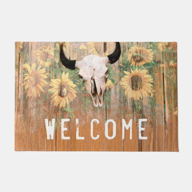 Rustic Sunflowers Western Cow Skull Welcome Doormat (Front)
