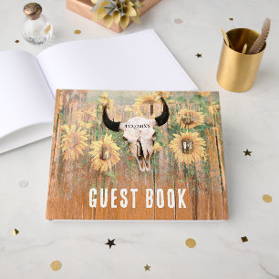 Rustic Sunflowers Western Floral Bull Skull Guest Book
