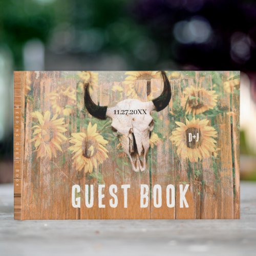 Rustic Sunflowers Western Floral Bull Skull Guest Book