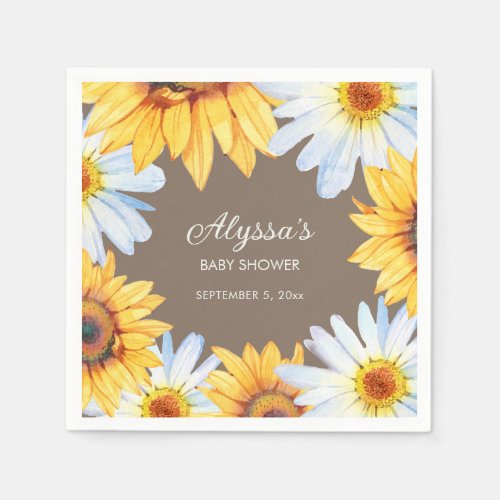 Rustic Sunflowers White Daisies Brown Baby Shower Napkins