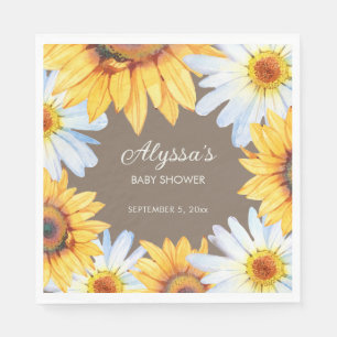 Rustic Sunflowers White Daisies Brown Baby Shower Napkins