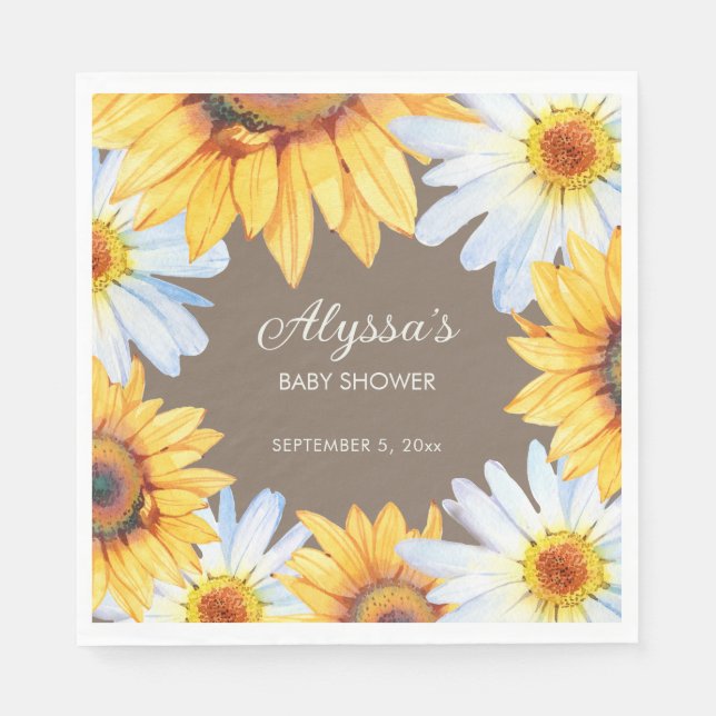 Rustic Sunflowers White Daisies Brown Baby Shower Napkins (Front)