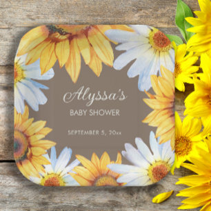 Rustic Sunflowers White Daisies Brown Baby Shower Paper Plates