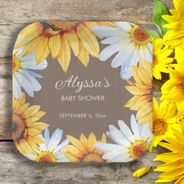 Rustic Sunflowers White Daisies Brown Baby Shower Paper Plates (Sunflowers and daisies on brown baby shower custom paper plate. )
