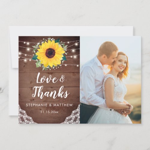 Rustic Sunflowers White Floral Wedding Photo Thank You Card