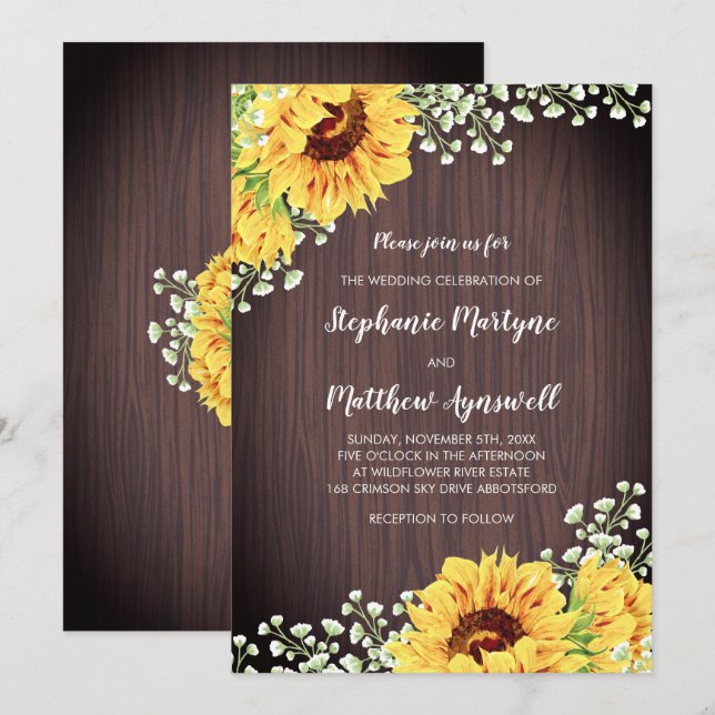 Rustic Sunflowers White Floral Wood Wedding Invitation (Front/Back)