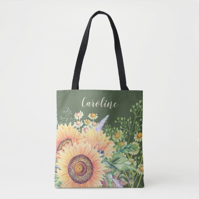 Rustic Sunflowers Wildflowers | Custom Name  Tote Bag (Front)