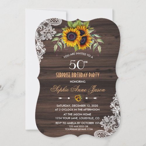 Rustic Sunflowers Wood 50 Birthday Party Invite