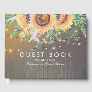 Rustic Sunflowers Wood and String Lights Wedding Guest Book