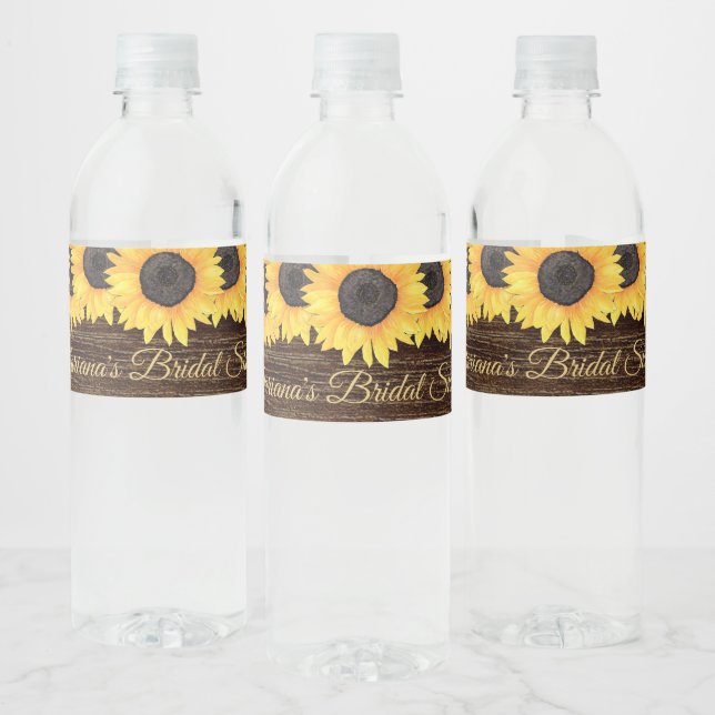 Rustic Sunflowers Wood Bridal Shower Water Bottle Label (Bottles)