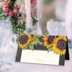 Rustic sunflowers wood chic wedding table place card