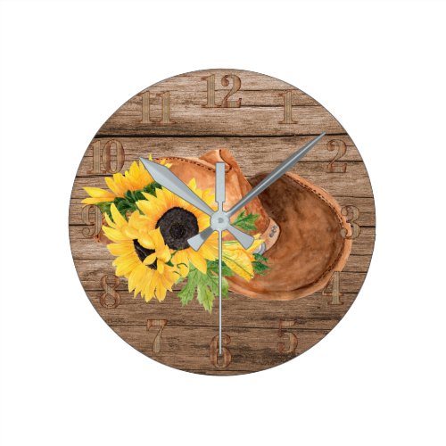 Rustic Sunflowers Wood Cowboy Hat Southern Modern Round Clock