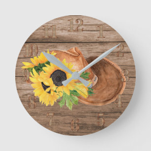Rustic Sunflowers Wood Cowboy Hat Southern Modern Round Clock