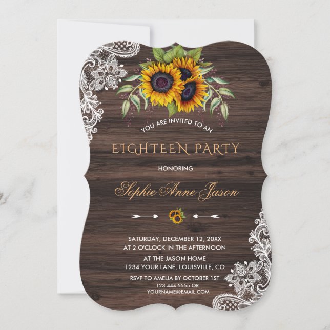 Rustic Sunflowers Wood Eighteen Birthday Party Invitation (Front)