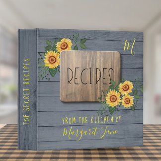 Rustic sunflowers wood family monogram cookbook 3 ring binder
