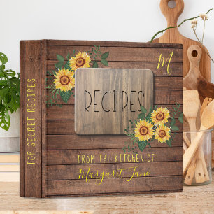 Rustic sunflowers wood family monogram cookbook 3 ring binder