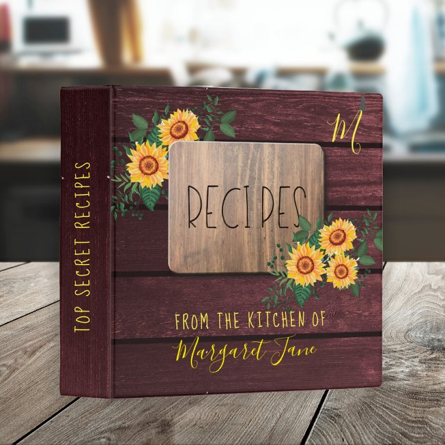 Rustic sunflowers wood family monogram cookbook 3 ring binder (Creator Uploaded)