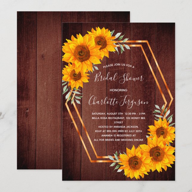 Rustic sunflowers wood geometrical Bridal Shower Invitation (Front/Back)