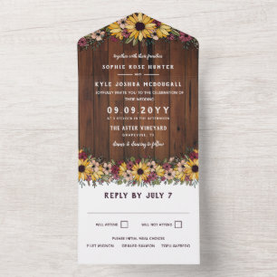 Rustic Sunflowers Wood Grain Wedding All In One Invitation