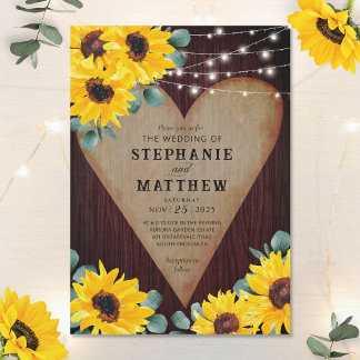 Rustic Sunflowers Wood Heart String Lights Invitation