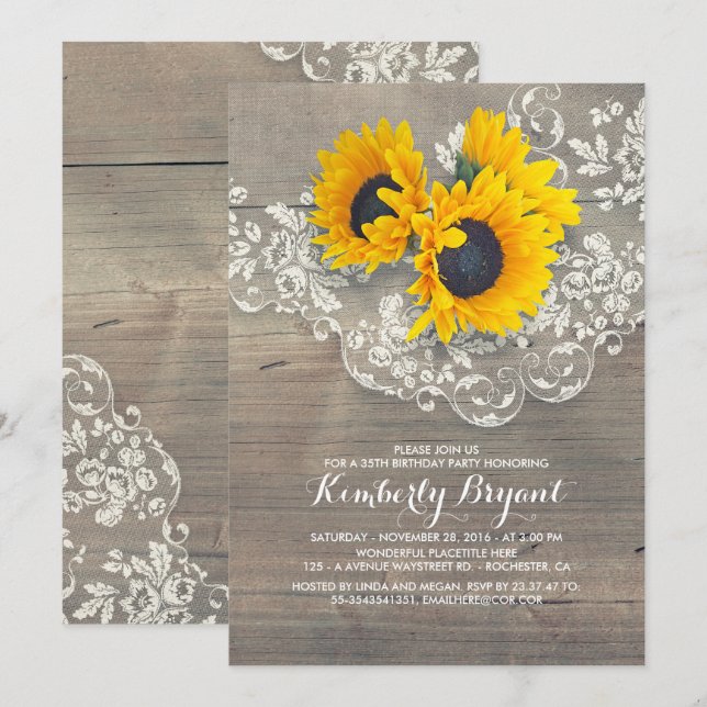 Rustic Sunflowers Wood Lace Birthday Party Invitation (Front/Back)