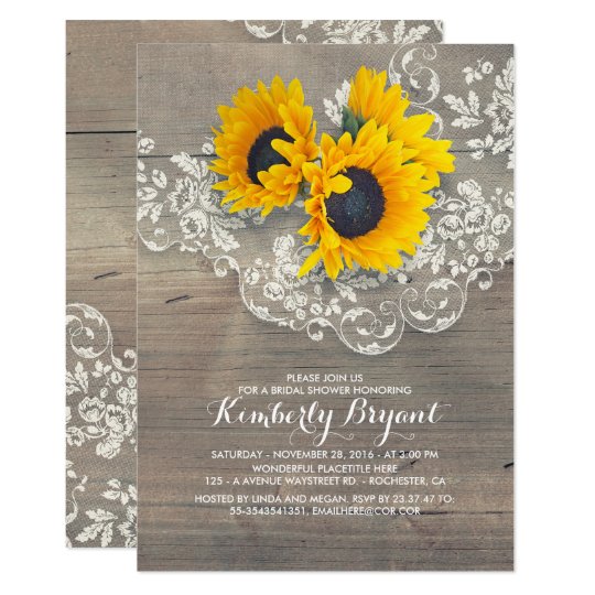 Rustic Sunflowers Wood Lace Bridal Shower Invitation