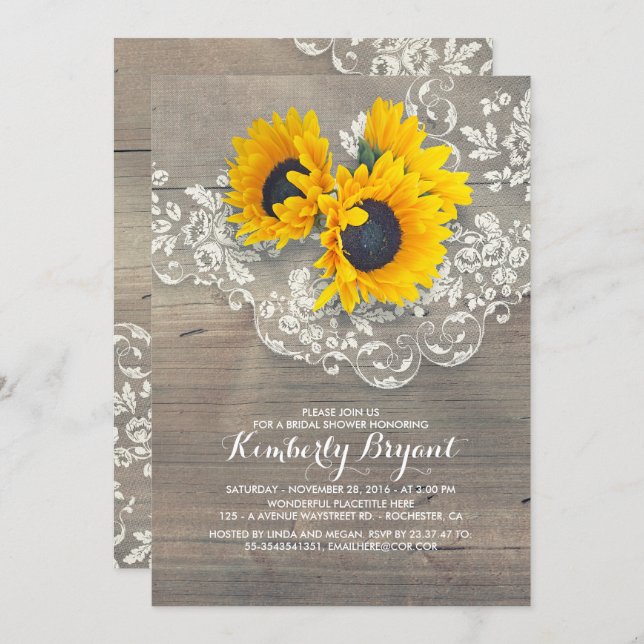 Rustic Sunflowers Wood Lace Bridal Shower Invitation (Front/Back)