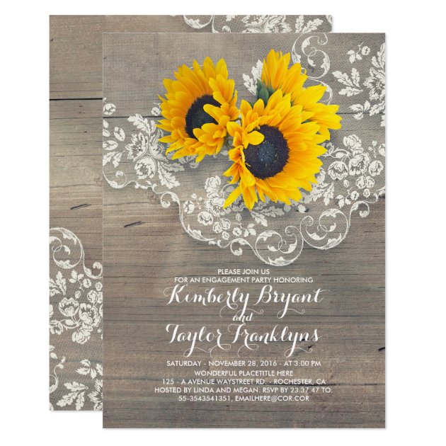 Rustic Sunflowers Wood Lace Engagement Party Invitation