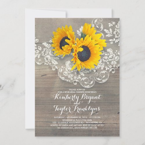 Rustic Sunflowers Wood Lace Rehearsal Dinner Invitation