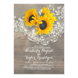 Rustic Sunflowers Wood Lace Rehearsal Dinner Invitation