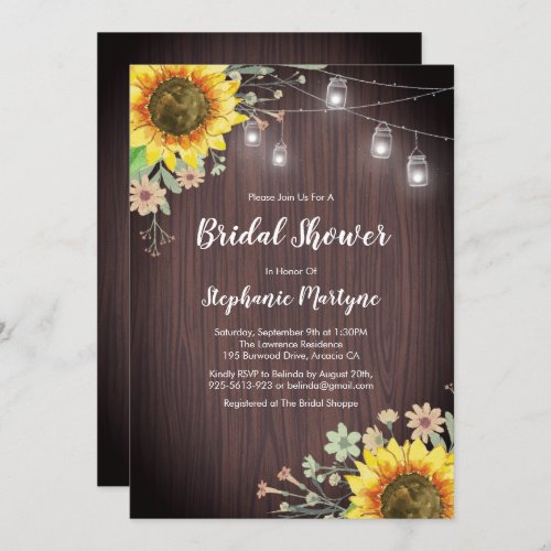 Rustic Sunflowers Wood Mason Jar Bridal Shower Invitation