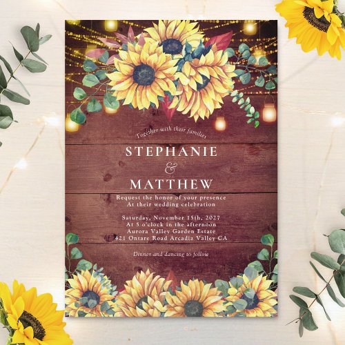 Rustic Sunflowers Wood Mason Jar Lights Wedding Invitation