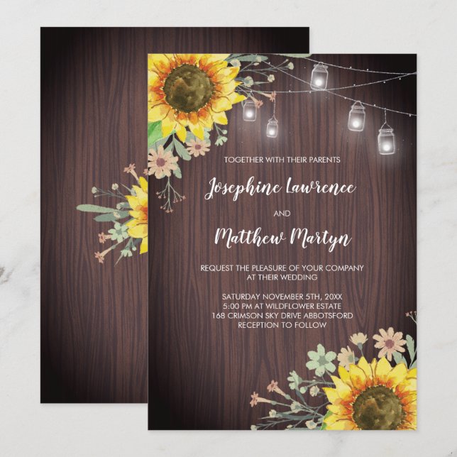Rustic Sunflowers Wood Mason Jar Wedding Invitation (Front/Back)