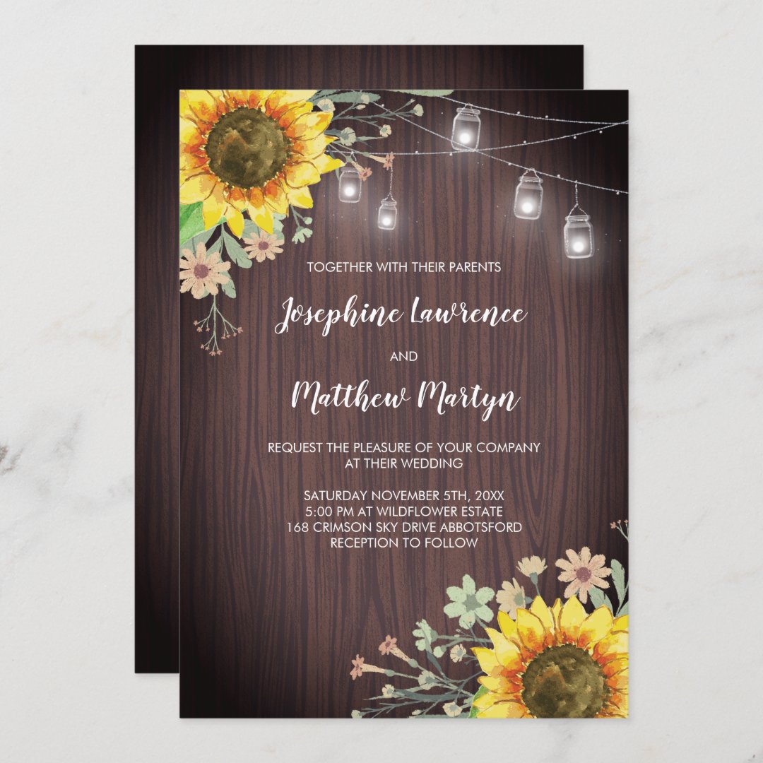 Rustic Sunflowers Wood Mason Jar Wedding Invitation | Zazzle