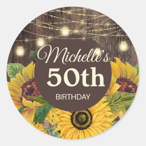 Rustic Sunflowers Wood String Lights 50th Birthday Classic Round Sticker