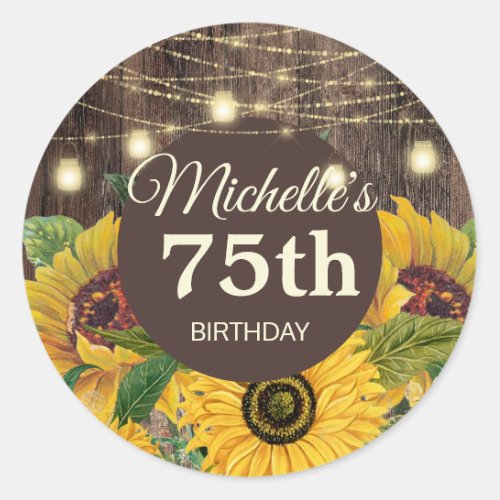 Rustic Sunflowers Wood String Lights 75th Birthday Classic Round Sticker