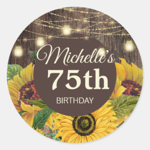 Rustic Sunflowers Wood String Lights 75th Birthday Classic Round Sticker