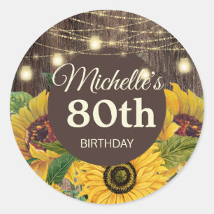 Rustic Sunflowers Wood String Lights 80th Birthday Classic Round Sticker