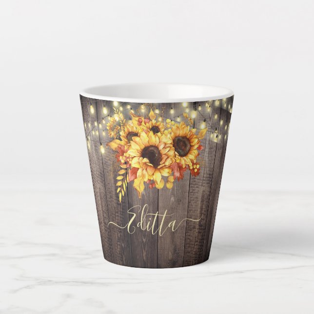 Rustic Sunflowers Wood String Lights Autumn Latte Mug (Front)
