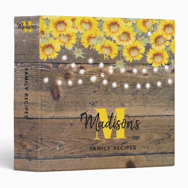Rustic Sunflowers Wood String Lights Recipe  3 Ring Binder (Front/Spine)