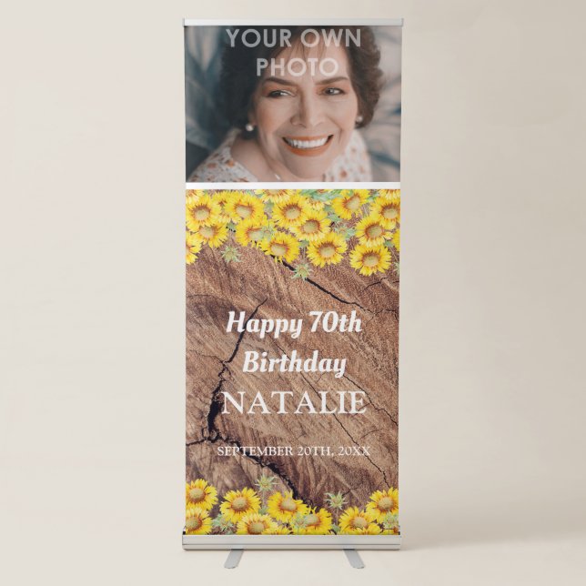 Rustic Sunflowers & Wood Texture Birthday Retractable Banner (Front)