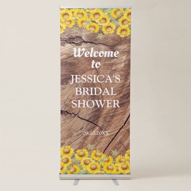 Rustic Sunflowers & Wood Texture Bridal Shower Retractable Banner (Front)