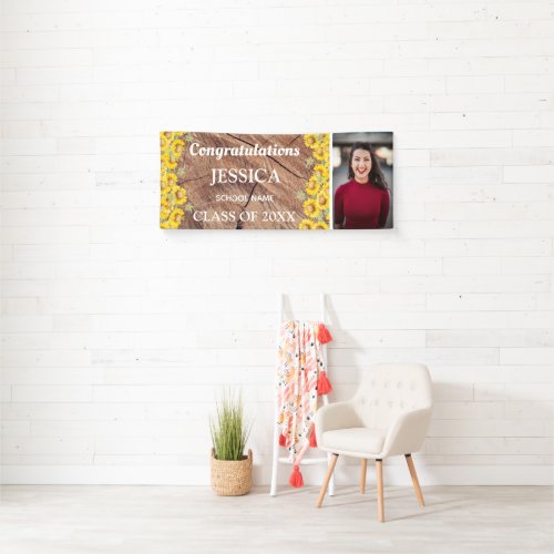 Rustic Sunflowers  Wood Texture Graduation Banner