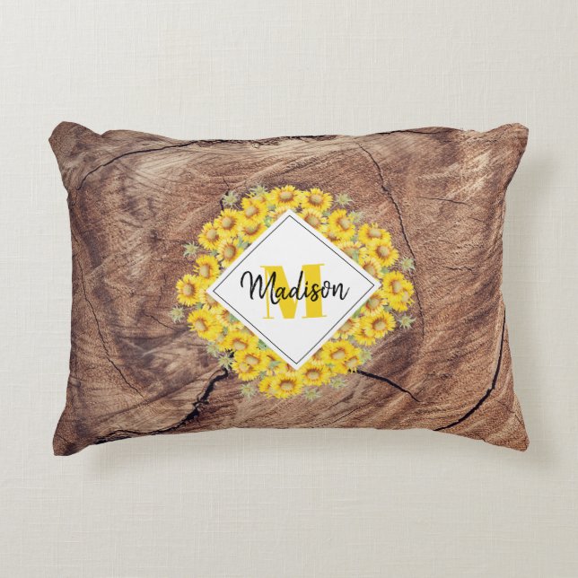 Rustic Sunflowers & Wood Texture Monogram Accent Pillow (Front)