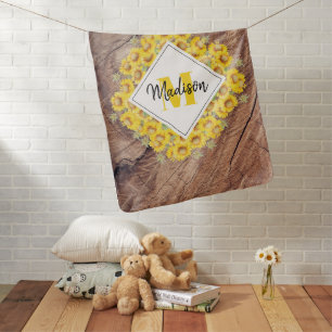 Rustic Sunflowers & Wood Texture Monogram Baby Blanket