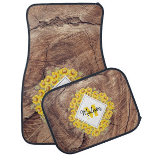 Rustic Sunflowers & Wood Texture Monogram Car Floor Mat