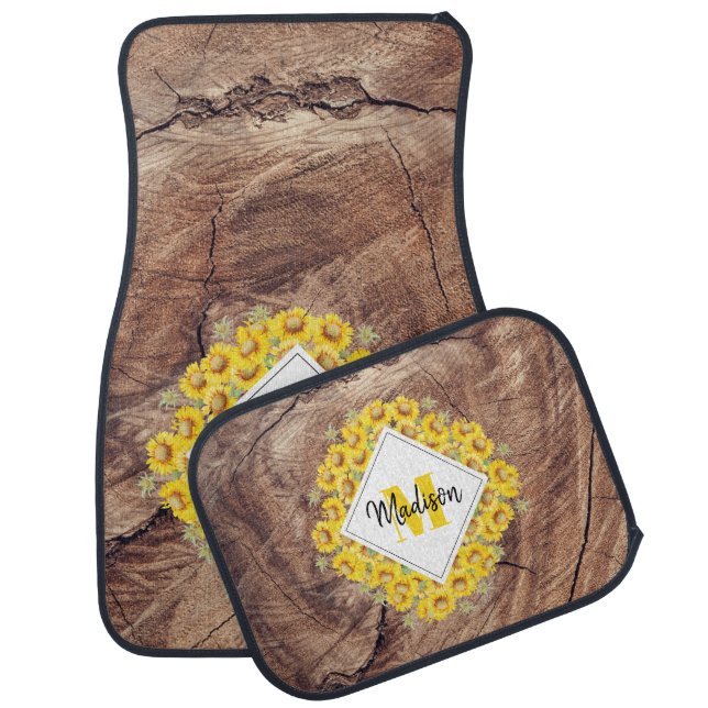 Rustic Sunflowers & Wood Texture Monogram Car Floor Mat (Set)