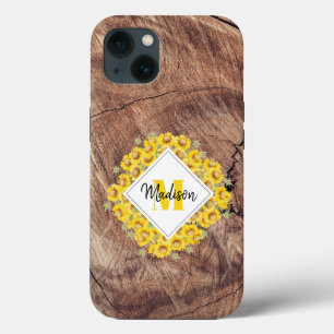 Rustic Sunflowers & Wood Texture Monogram iPhone 13 Case